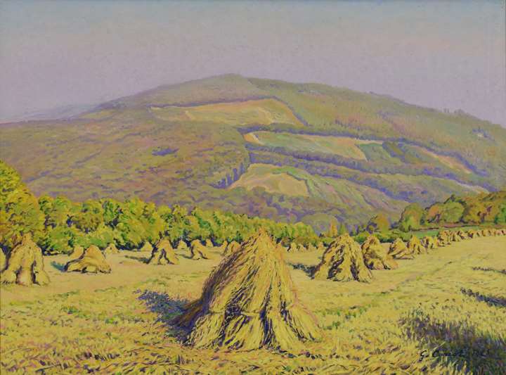 Paysage aux Bottes de Blé Devant la Montagne